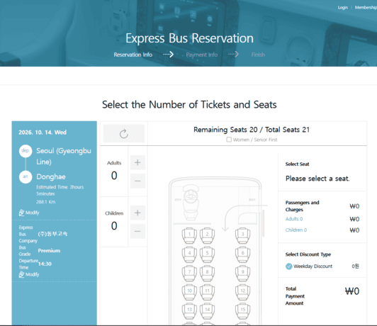 Seat selection screen on the KOBUS English website showing a layout for a Premium express bus